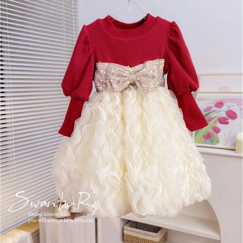 【现货】【Y.s2266】24秋冬气质女童蝴蝶结亮片连衣裙女宝甜美公主裙