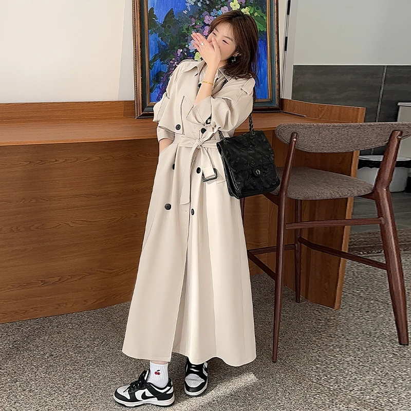 长款米色风衣外套女2025春秋新款韩系大衣高个子大码女装胖mm
