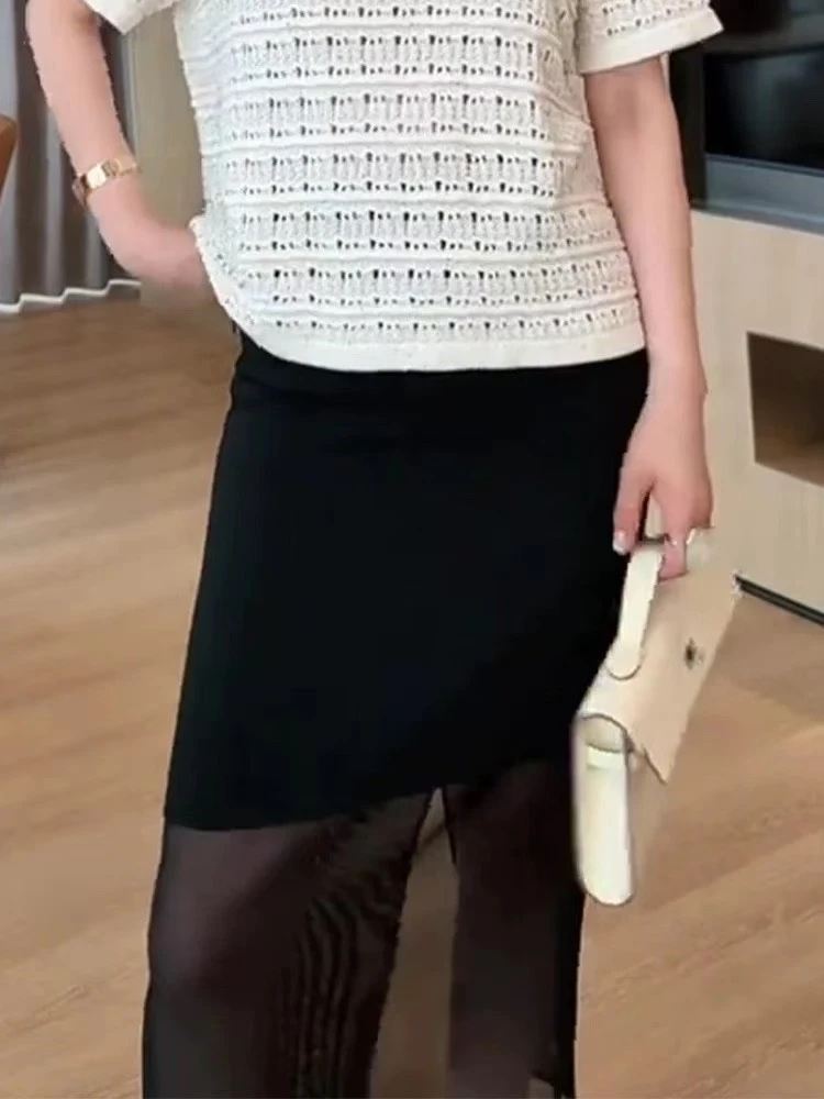 黑色拼接网纱半身裙夏新款小众高腰显瘦包臀裙开叉气质性感a字裙
