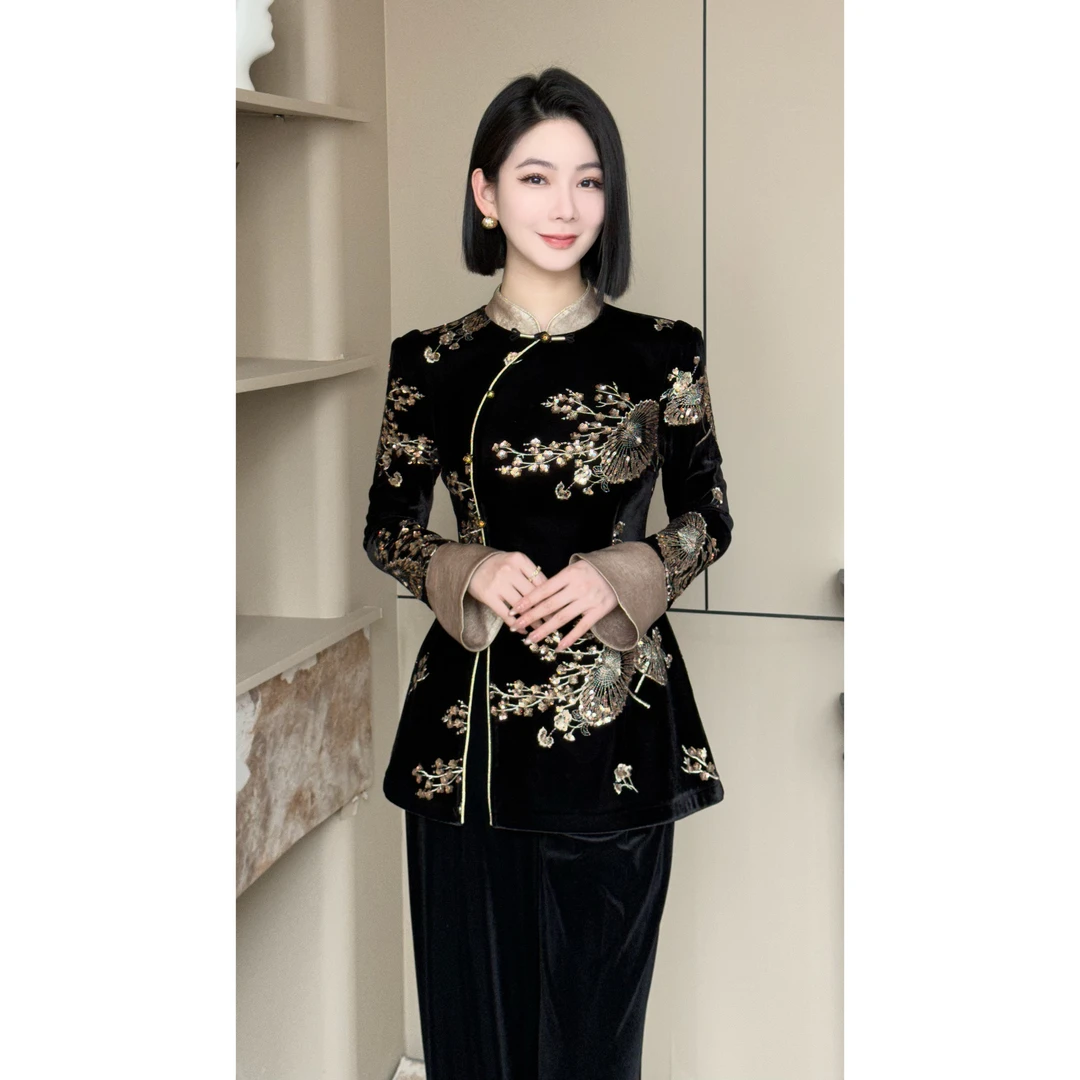 格娜【金枝耀庭】秋冬新款亮片绣花套装国风改良旗袍高级感显贵套装