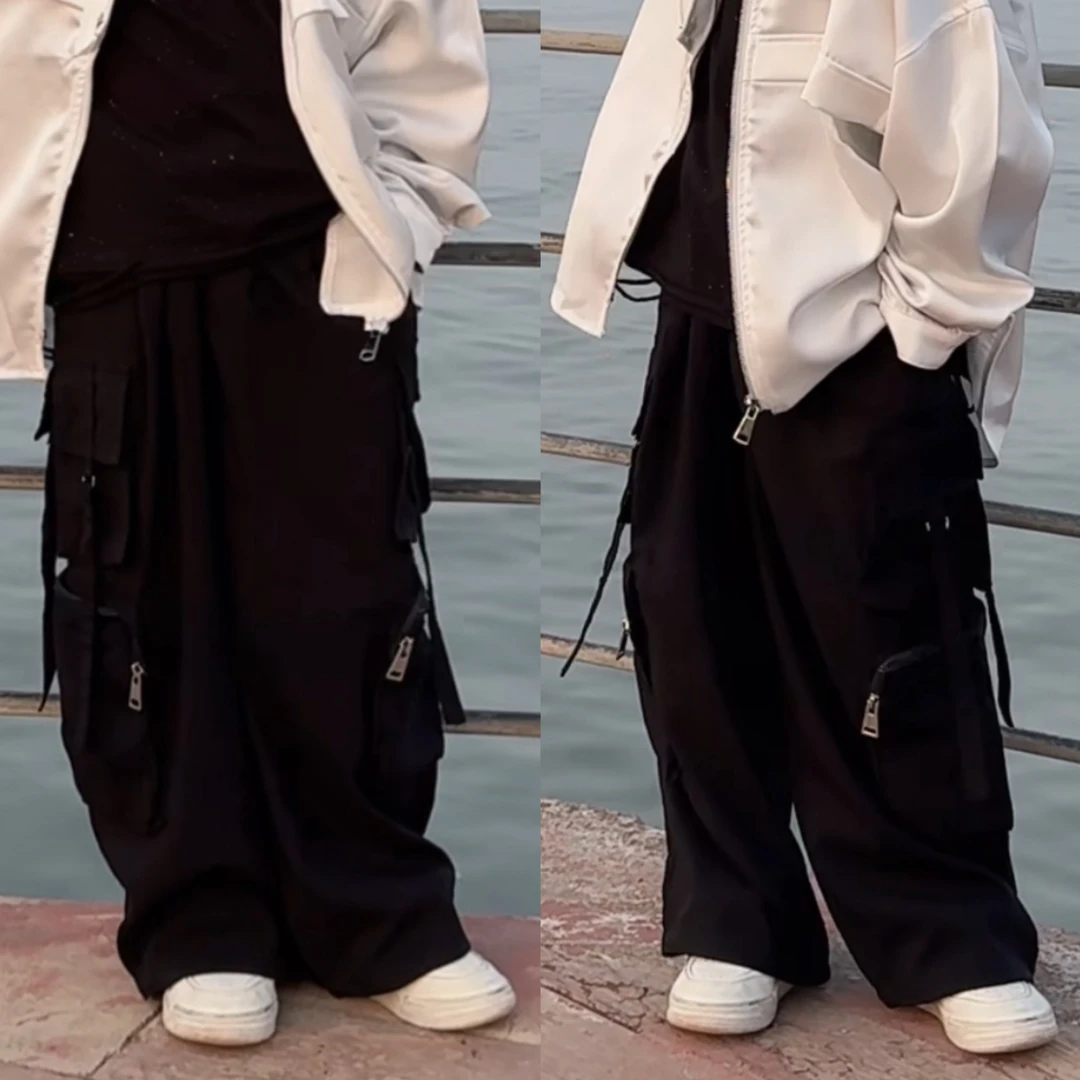 三乐乐家儿童夏款中大童中性款黑色垂感舒适直筒宽松休闲工装裤