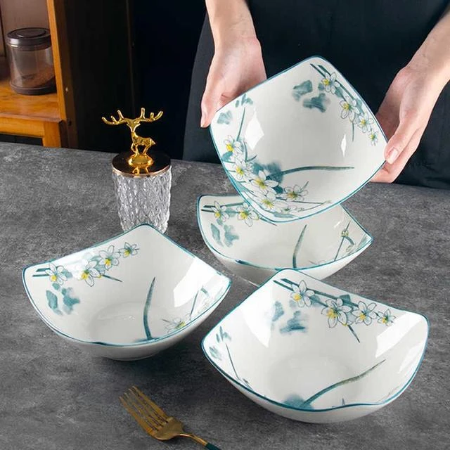 水仙花四角盘子菜盘家用陶瓷餐具翘脚碗凉菜汤碗沙拉碗釉下彩深盘