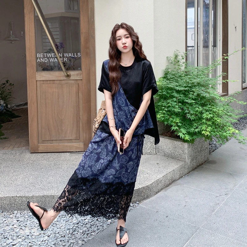 法式轻熟风套装裙夏季女2025新款氛围感假两件蕾丝拼接上衣半身裙