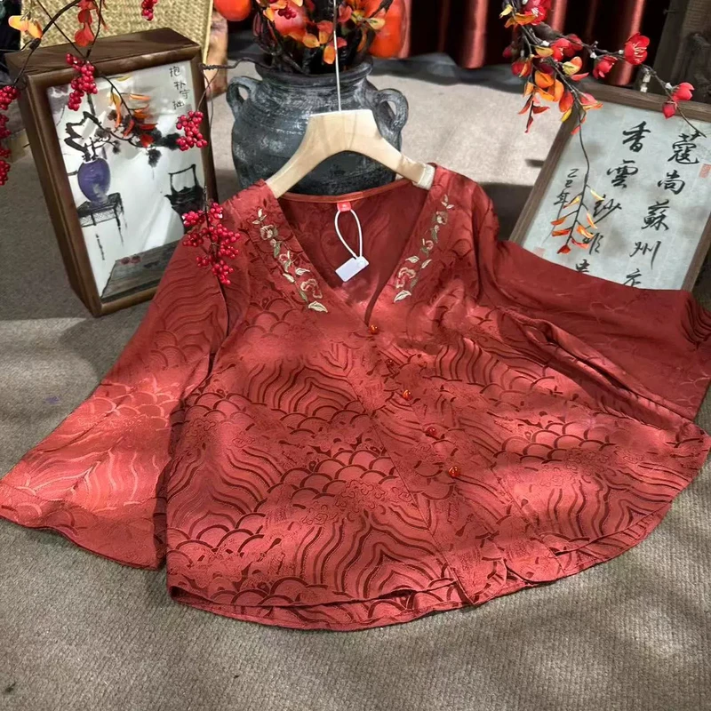 夏季新款江崖海浪纹国风绣花上衣