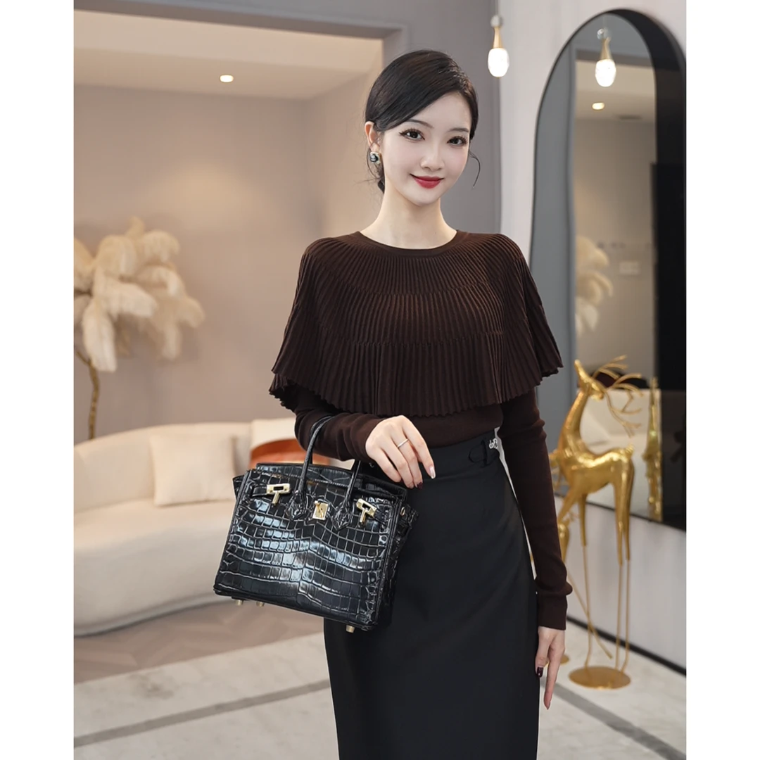 2026年秋冬新款【8208】斗篷含绵羊毛假两件洋气摩卡棕针织衫毛衣