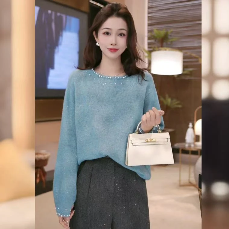 【林雪雪】秋冬新款气质百搭遮肉显示蓝色针织衫2512619