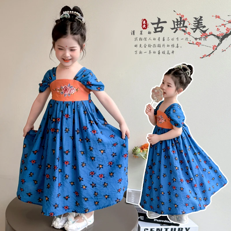 夏季2025新款小女孩唐风刺绣古风碎花襦裙表演连衣裙洋气新中式潮