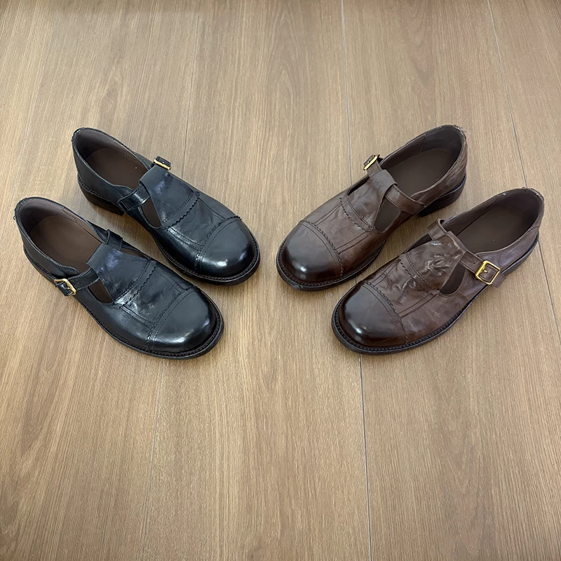 栖屿森~法式复古T字带浅口单鞋女时尚百搭浅口玛丽珍鞋真皮小皮鞋