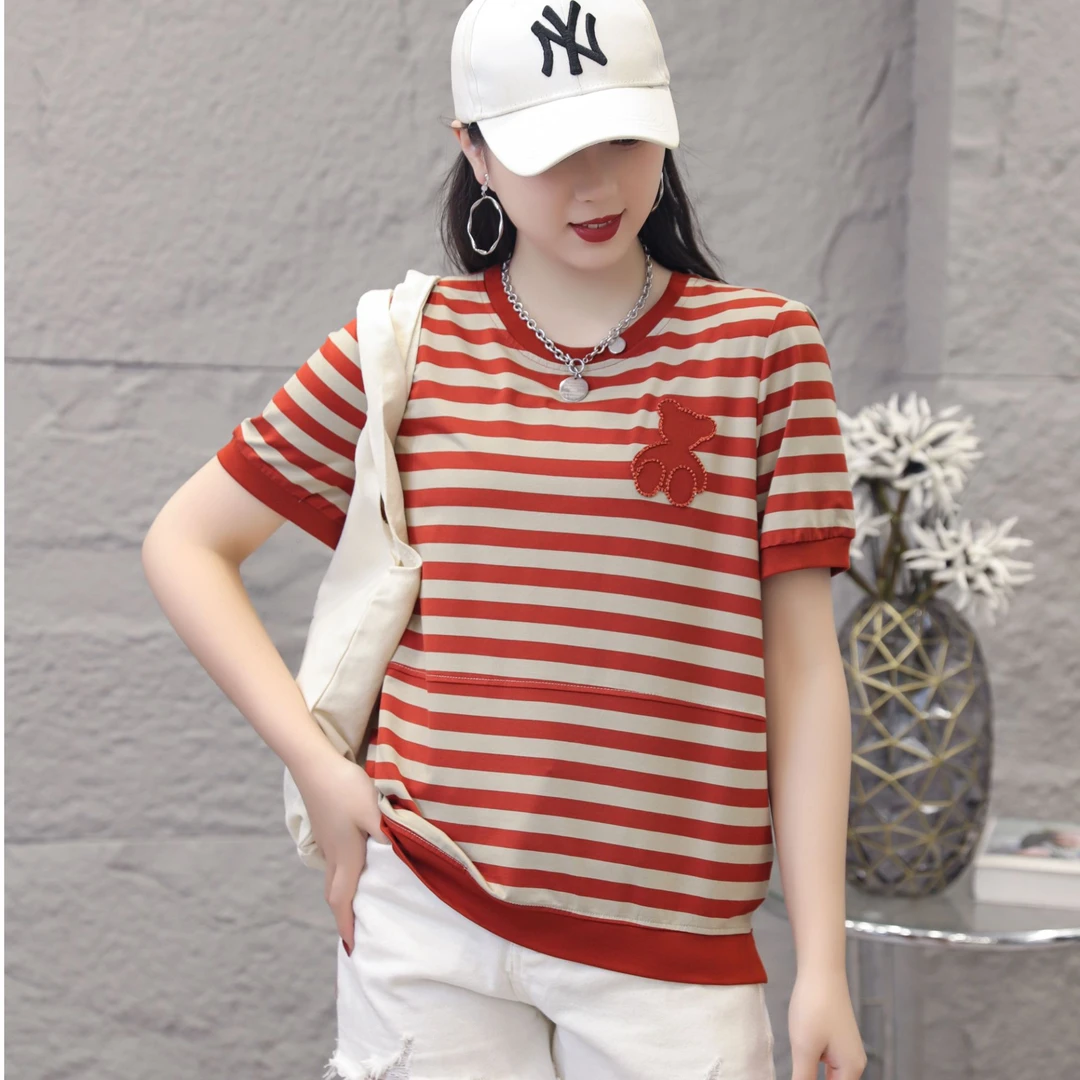 夏季新品条纹妈妈装半袖休闲女士上衣短袖T恤