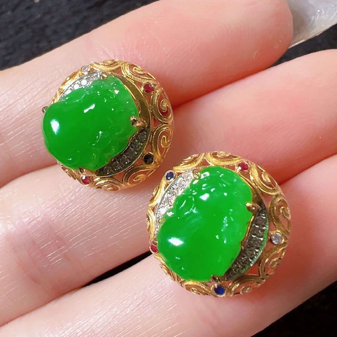 翡翠18K金镶嵌耳饰签收后24小时鉴赏期，过时不退