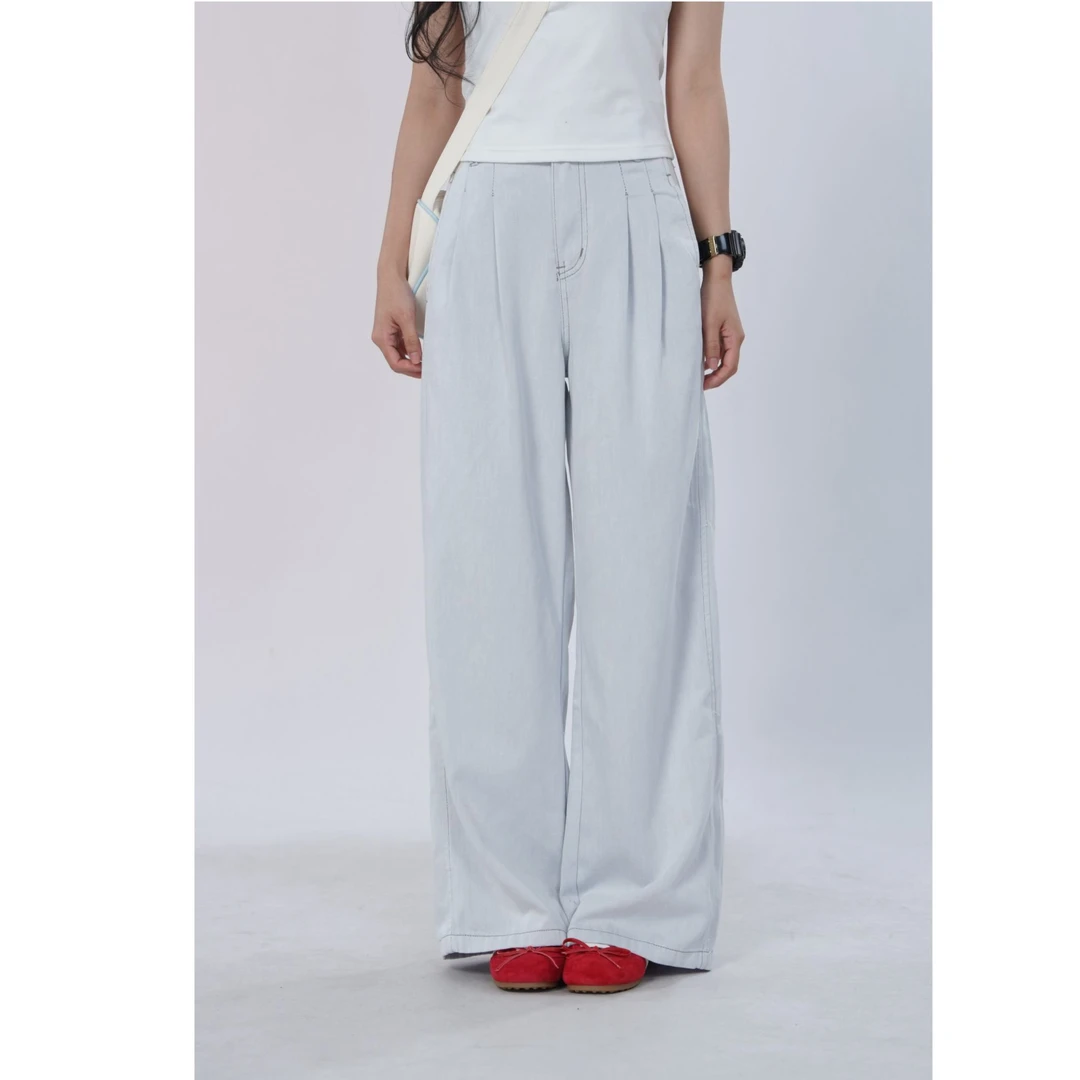 三福 慵懒风天丝凉感休闲阔腿高腰宽松直筒垂感休闲裤女503909