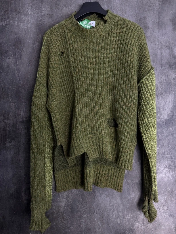 全新未使用/AMBUSH 绿色不规则破坏针织毛衣/00405