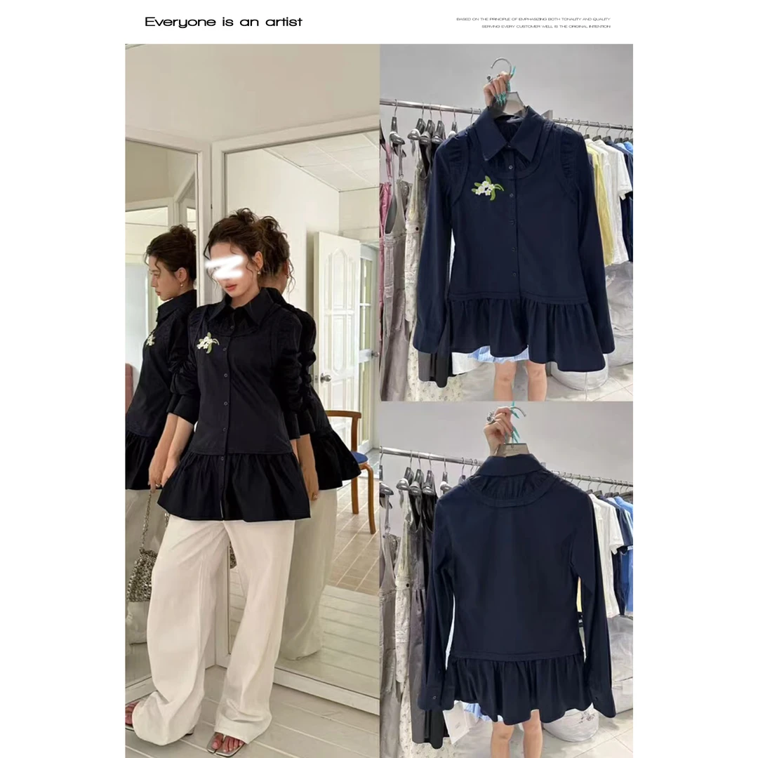 88831荷叶边刺绣收腰衬衫翻领时尚设计款