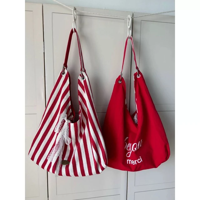 夏季新款条纹双面单肩包可爱印花字母帆布包大容量简约字母通勤包