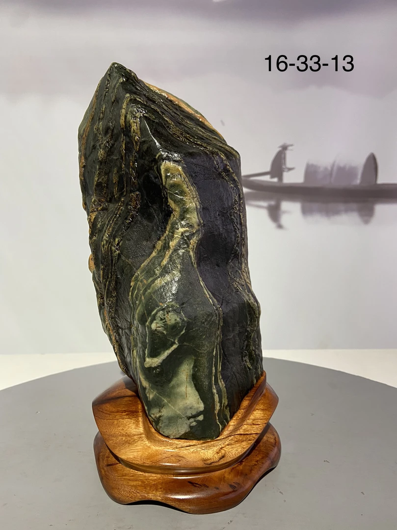 中式禅意天然九龙璧画面奇石摆件观音造型