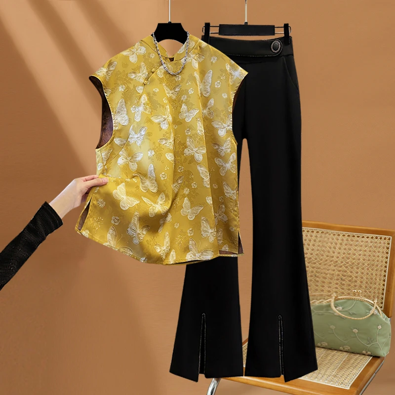 大码女士夏装新中式国风套装妈妈高级感气质盘扣衬衫微喇裤两件套