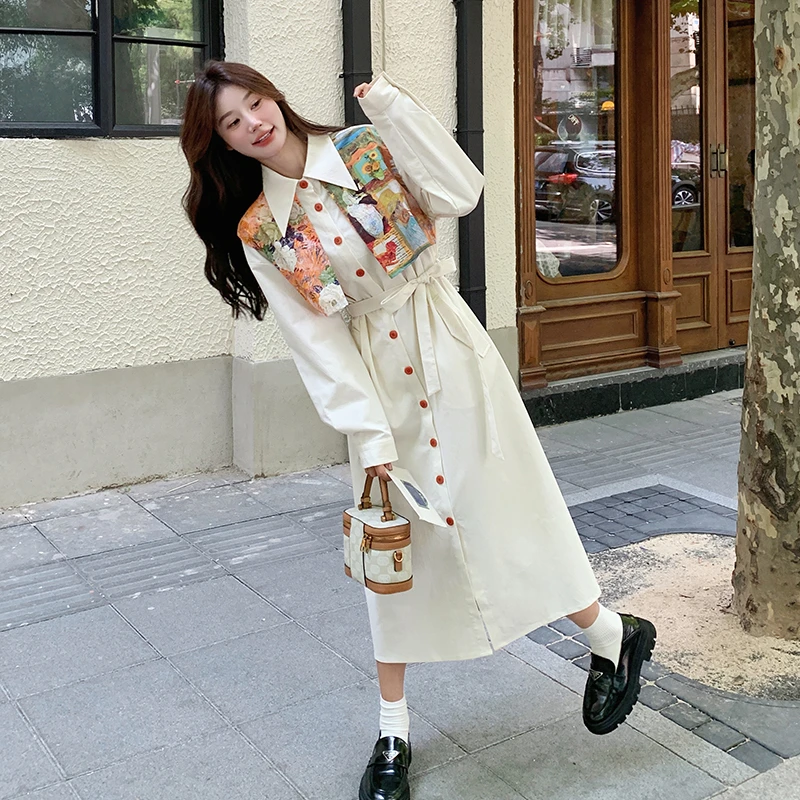 法式油画印花拼接衬衫连衣裙女2025早秋新款巨好看独特气质长裙子
