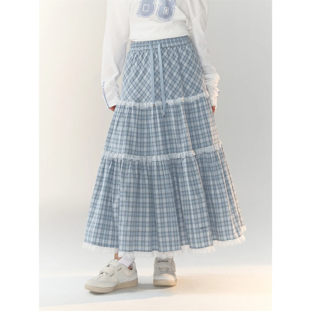 AsGony 少女感格纹拼接蕾丝花边蛋糕半身裙女高腰显瘦大摆裙长裙