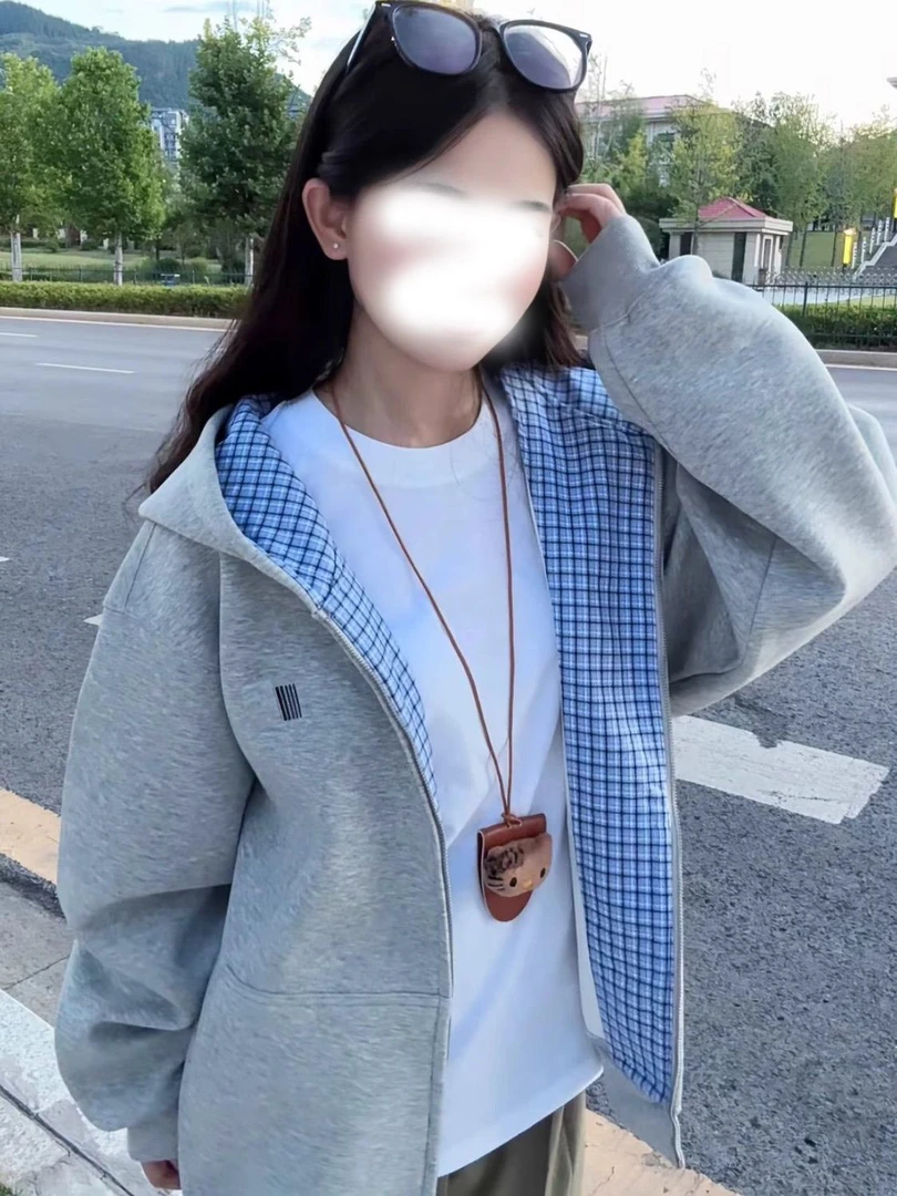 美式复古格纹连帽灰色卫衣女早秋开衫外套宽松慵懒学院风秋冬上衣