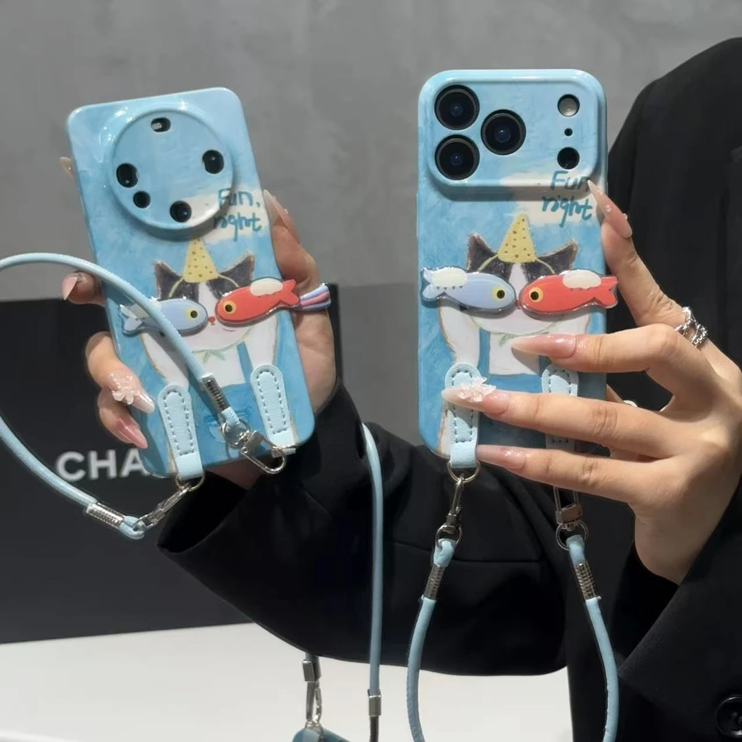 奥菲顿小鱼干猫咪挂绳适用苹果17菲林16手机壳华为vivo小米15oppo