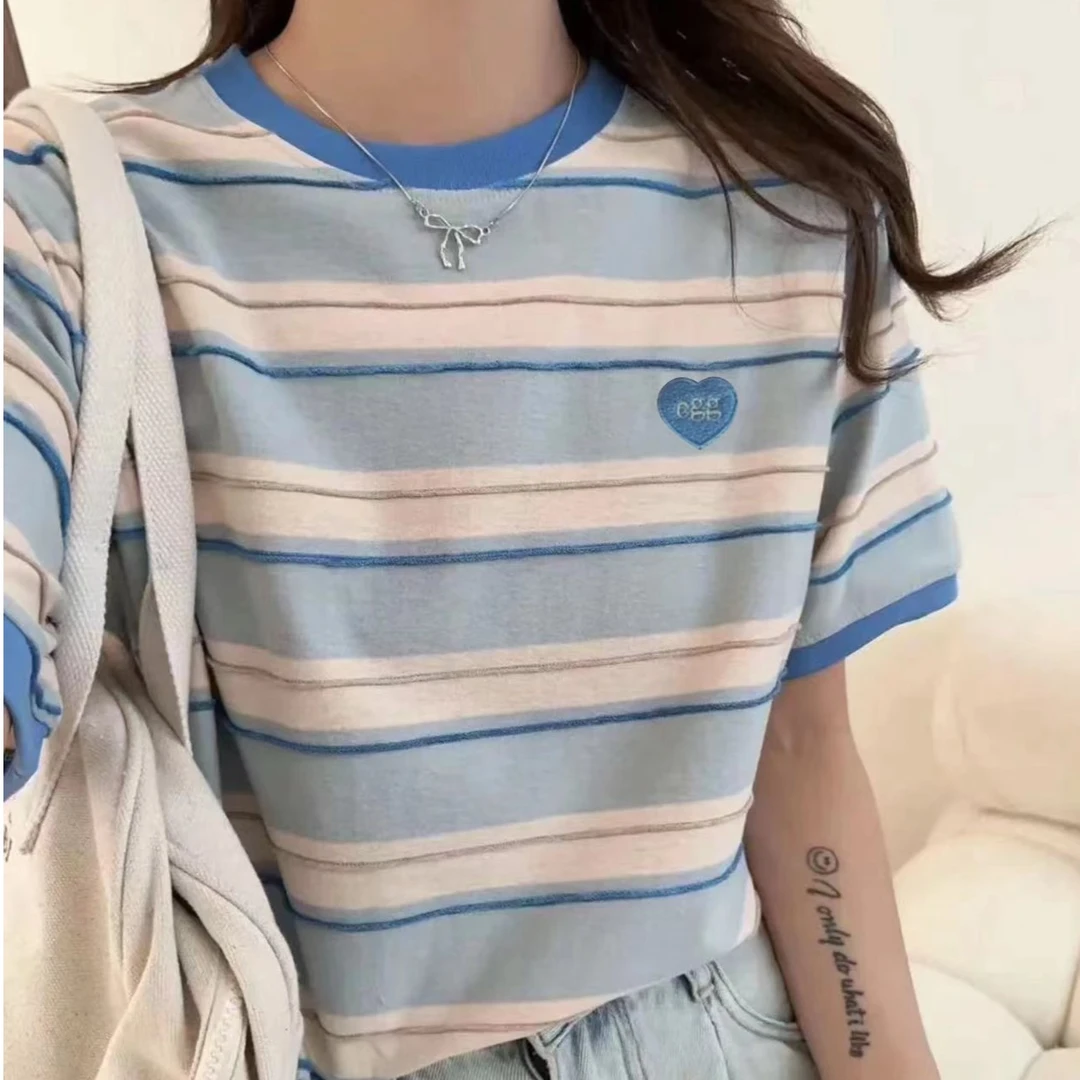 韩系「立体感的糖果条纹」外贸原单刺绣爱心横条纹圆领撞色25016