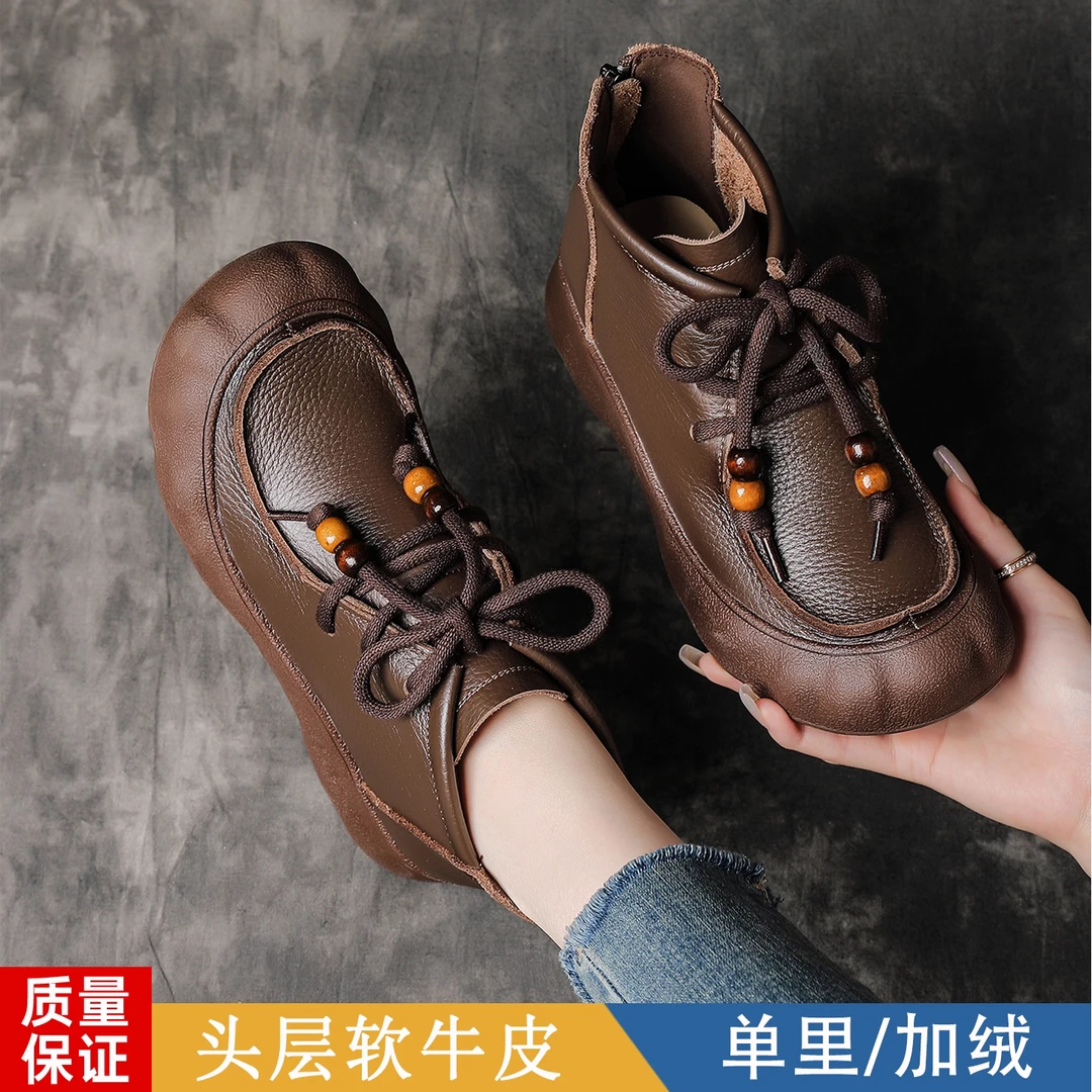 大码43牛皮复古短靴女2025新款秋冬平底单靴子加绒真皮软底妈妈鞋