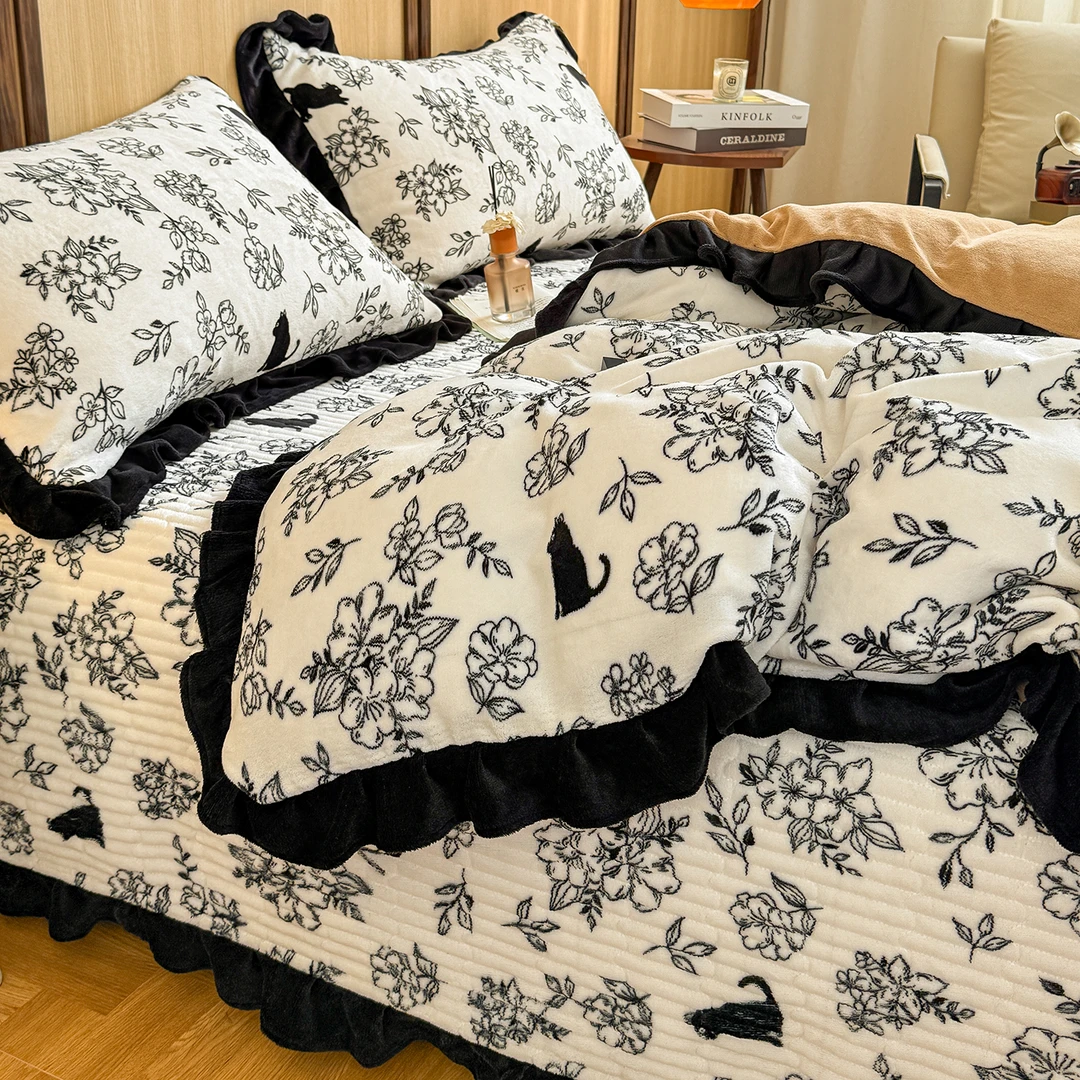 双面花边床盖款牛奶绒四件套秋冬天加绒加厚珊瑚绒床单被套三件套