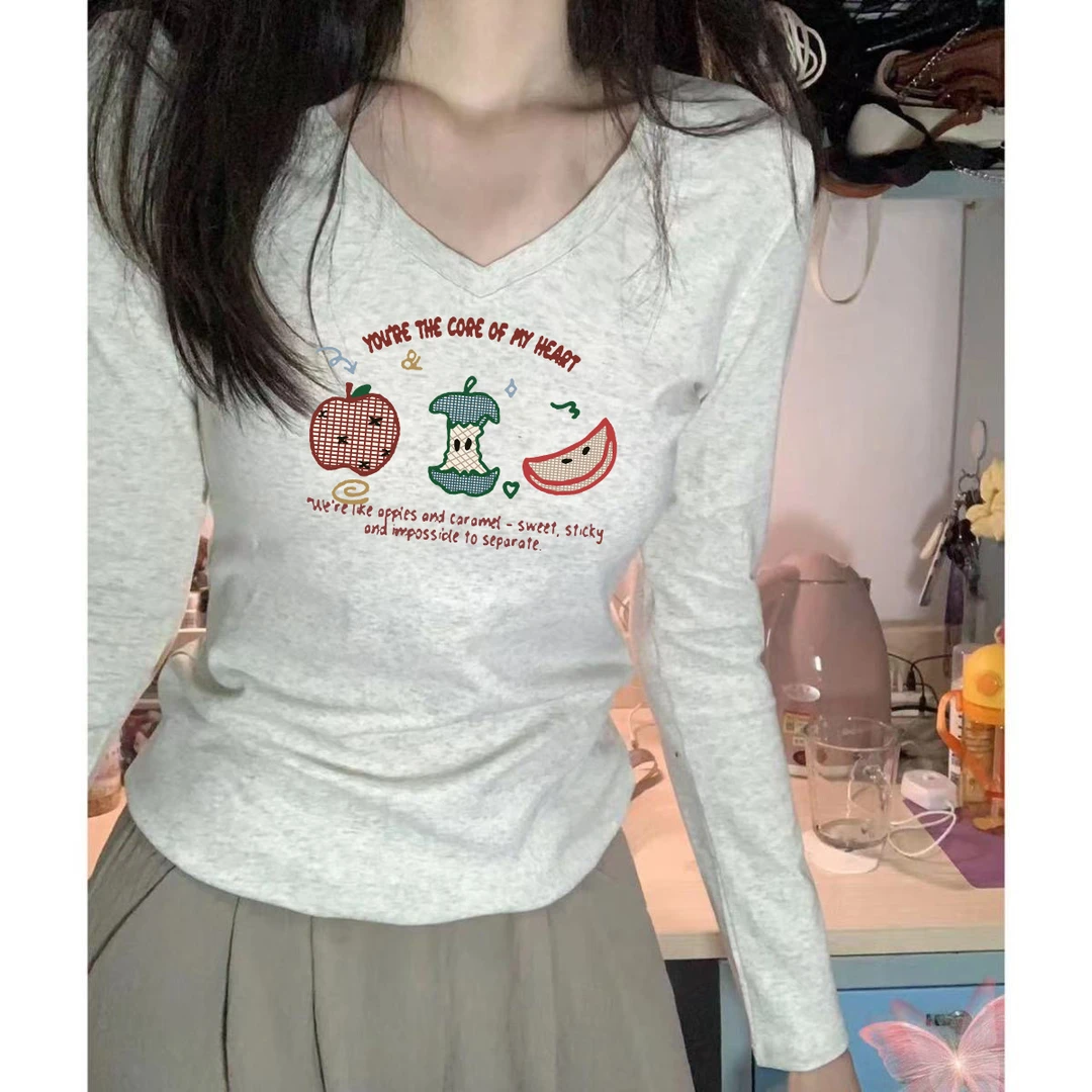 印花修身新款秋冬季正肩显瘦辣妹百搭V领长袖T恤收腰美式ins上衣