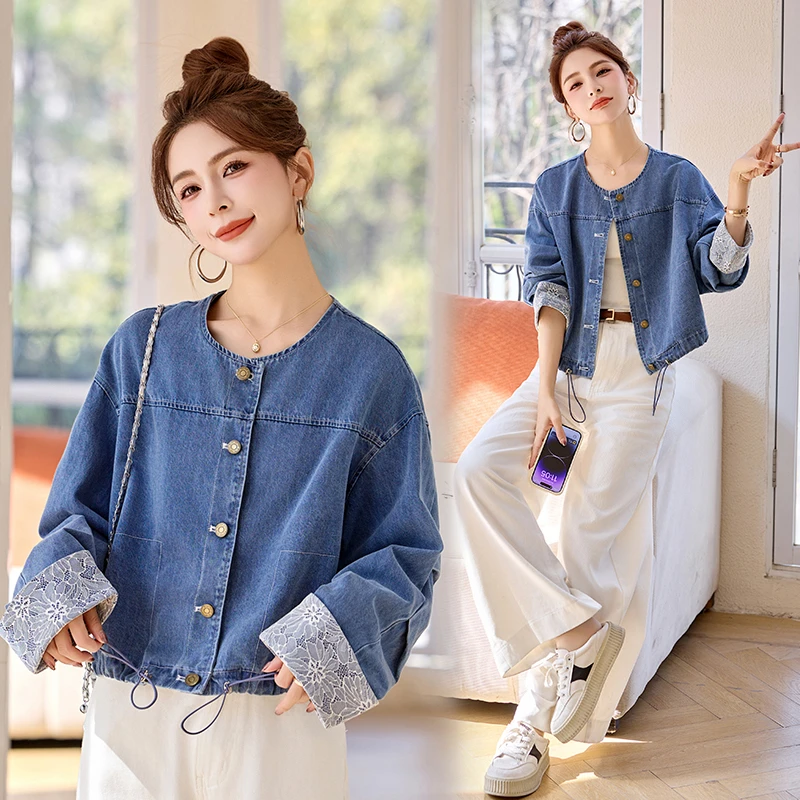 蕾丝短款常规春季女拼接短外套女装牛仔复古时尚小个子百搭上衣