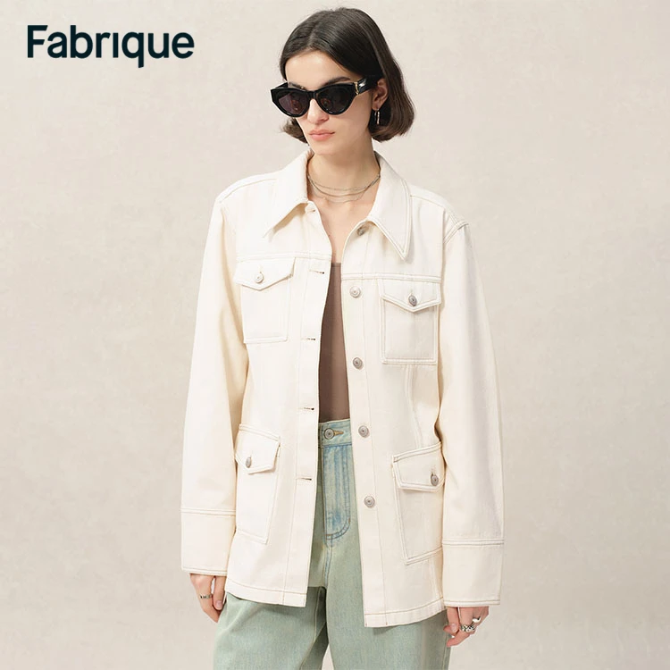 Fabrique Juno 春夏新款糯米白莱赛尔棉腰带明线猎装休闲牛仔外套