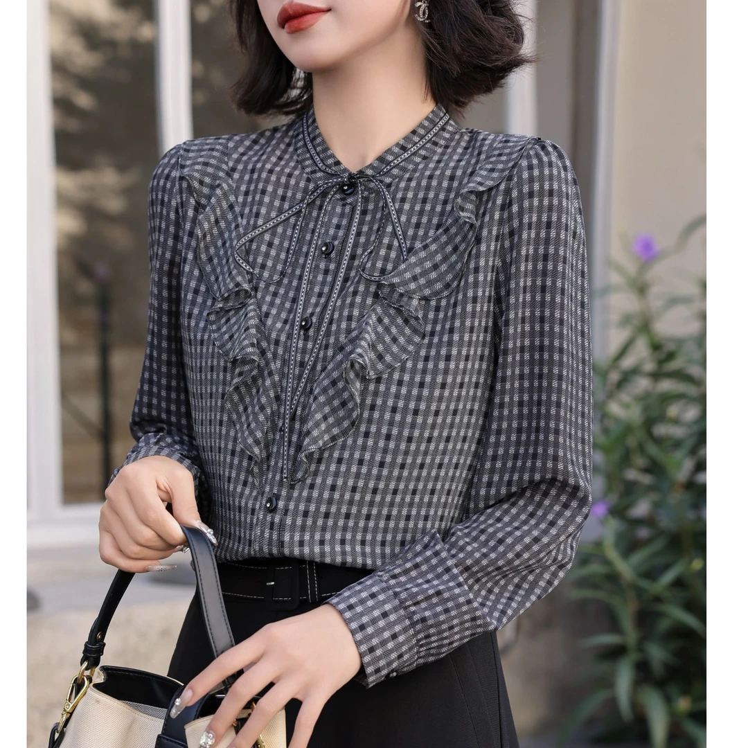 初秋千鸟格衬衫开衫衬衣四季青女装复古春秋