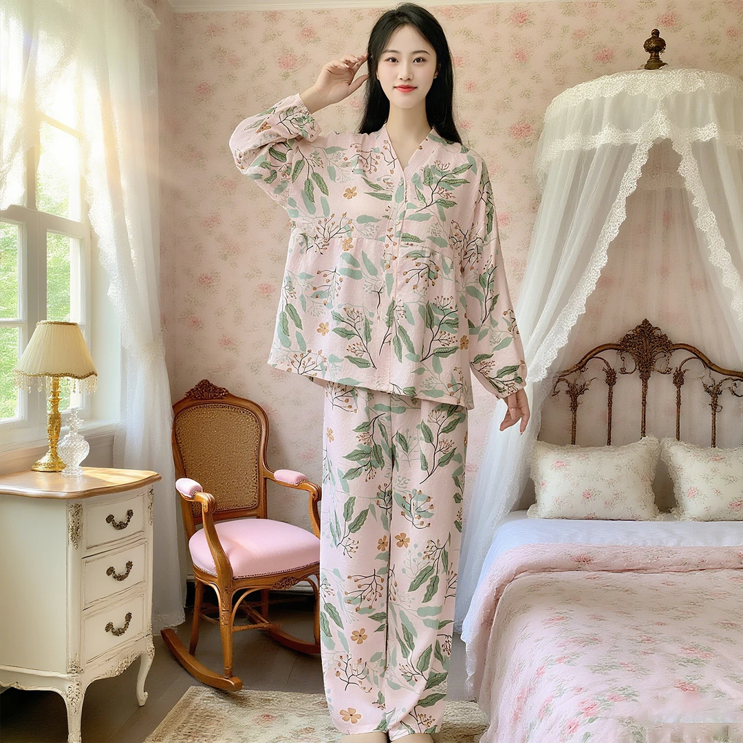 云朵棉韩版睡衣女春秋2025新款不带胸垫印花开衫家居服套装Y172