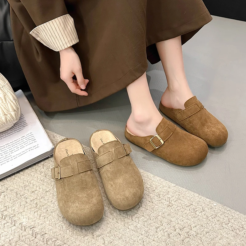 2025年春夏季新款复古侧扣爆款包头半拖坡跟舒适懒人鞋外穿博肯鞋