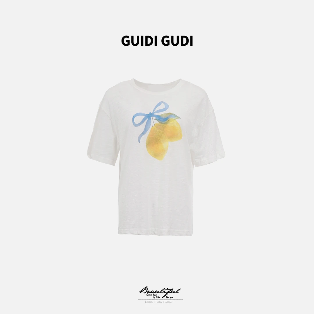GUIDI GUDI【柠檬T】气质重工休闲短袖T恤 /黄加蓝 T9521234H