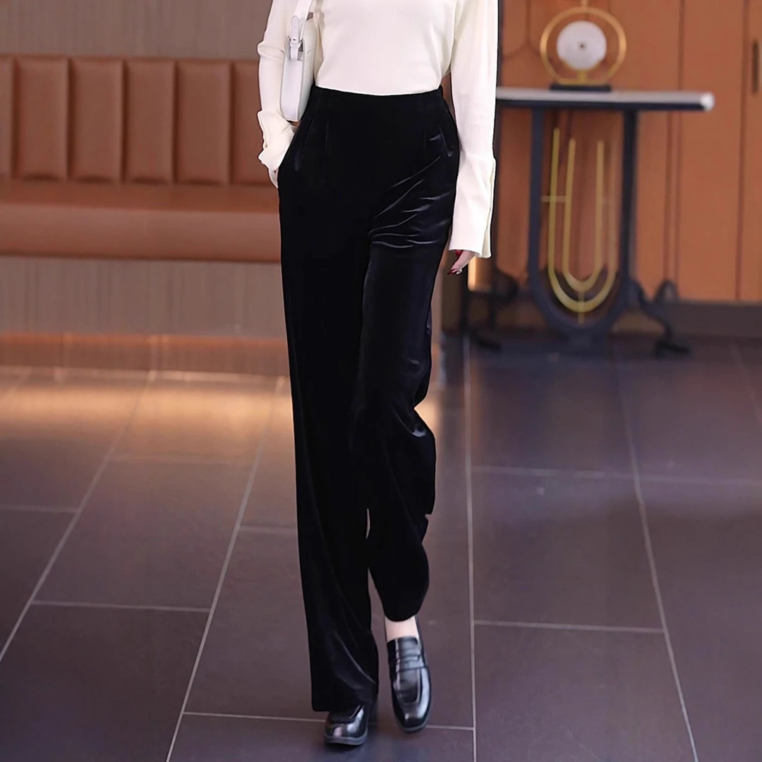 黑色丝绒长裤女士秋冬季2025新款加厚松紧高腰弹力宽松休闲阔腿裤