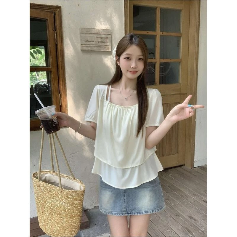 2025夏季新款胖mm大码法式气质百搭方领短袖T恤设计感娃娃衫上衣