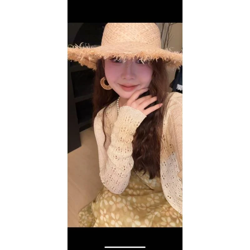 杏色镂空夏季薄款针织开衫短款外搭