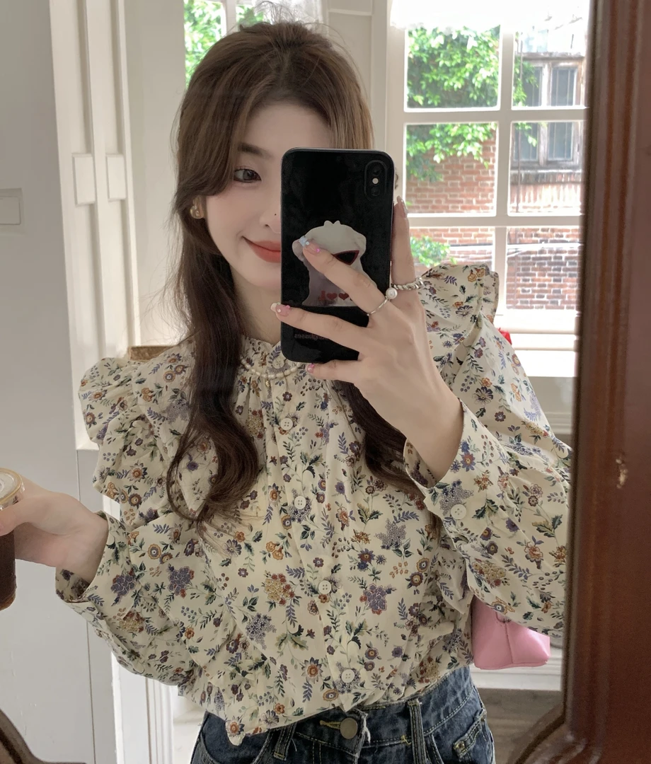 设计感小众碎花长袖衬衫2025秋季新款法式甜美女装衬衣宽松上衣女