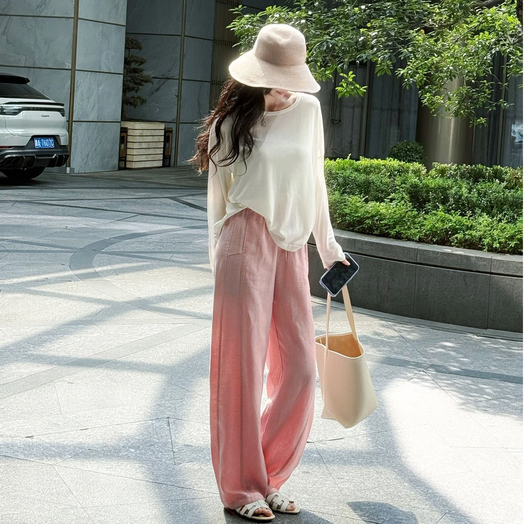 菠萝宝宝yuna【多喜】亚麻莱赛尔松紧腰抽绳休闲百搭弯刀休闲裤YE17