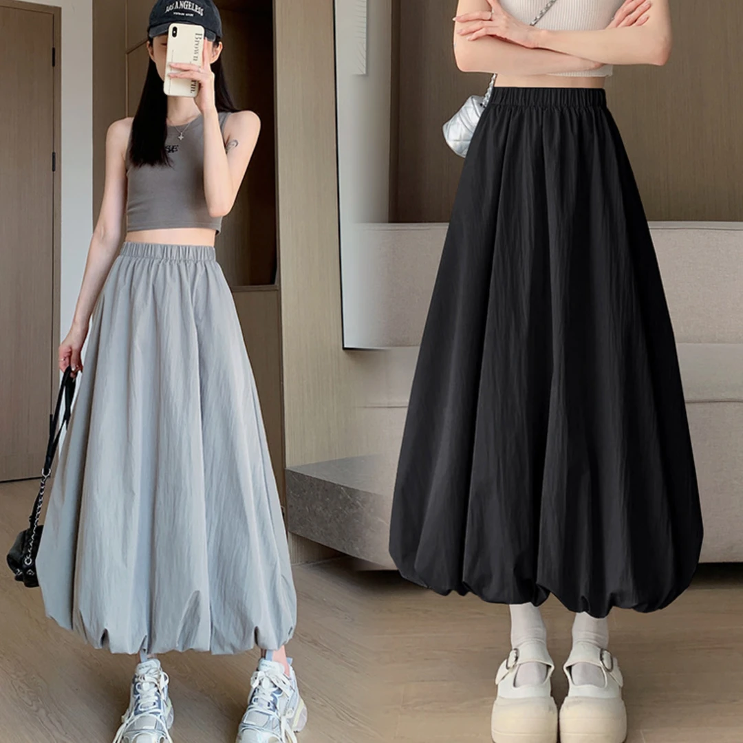 灰色口袋花苞半身裙高腰设计垂感百搭显瘦A字中长款女春夏季裙子