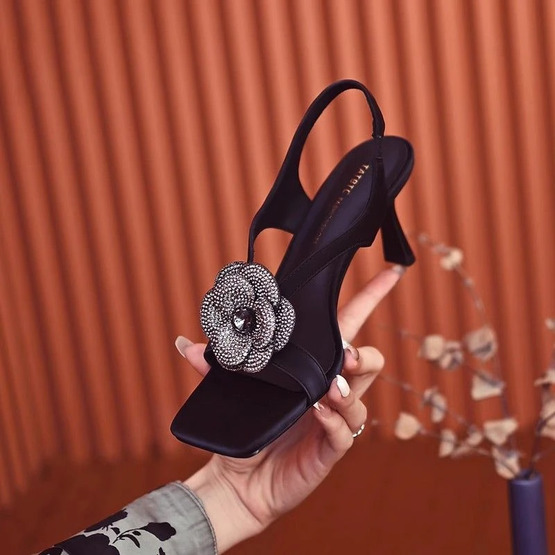 欧洲站【爆品清仓】水钻山茶花高跟凉拖鞋女2025夏季新款时尚外穿露