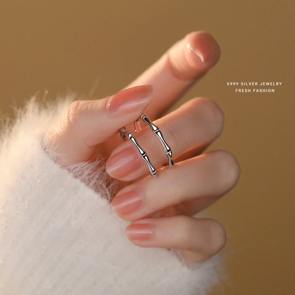 足银戒指 s999纯银竹节情侣戒指简约开口对戒青梅竹马足银指环