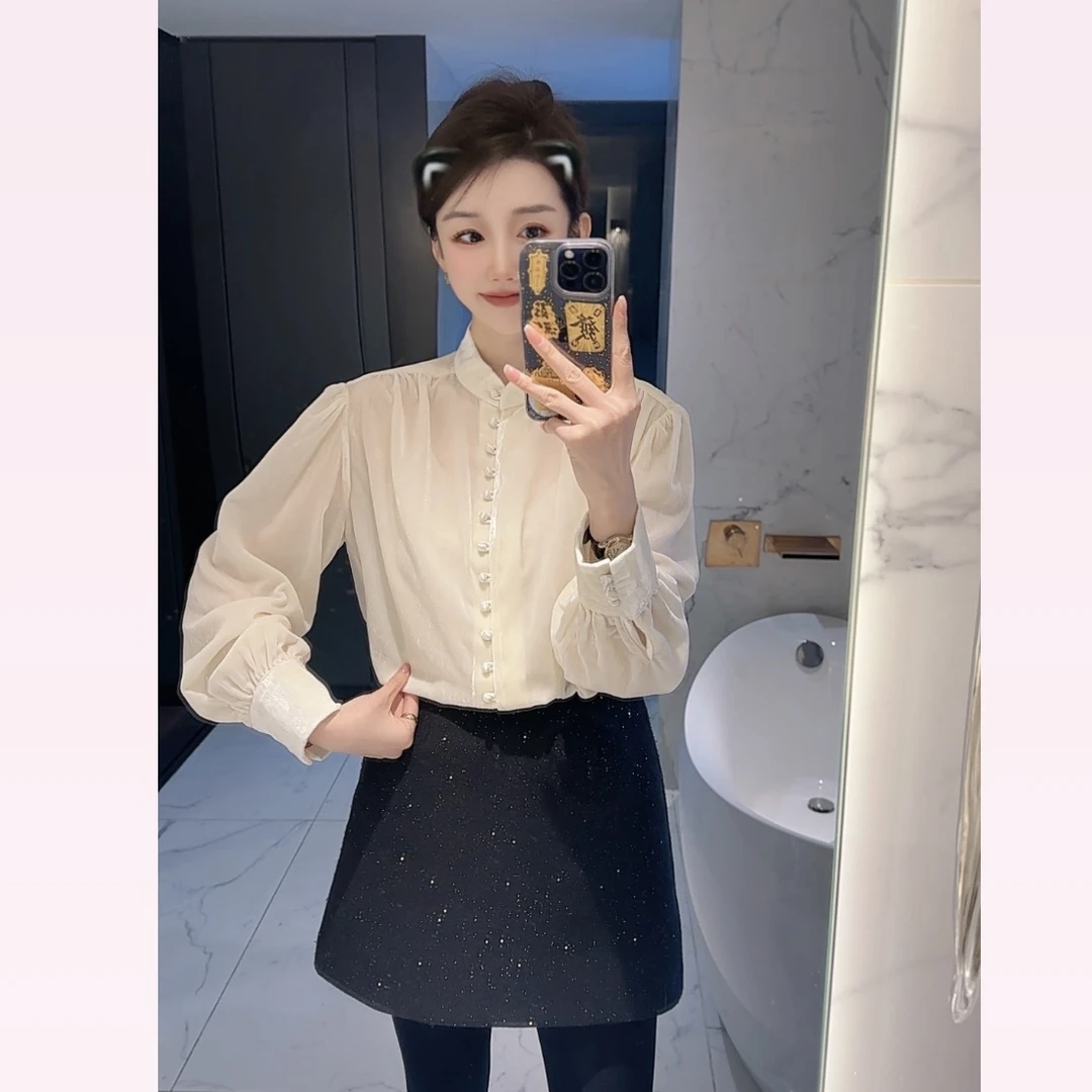 【大静静】法式复古甜美轻奢褶皱丝绒衬衫878