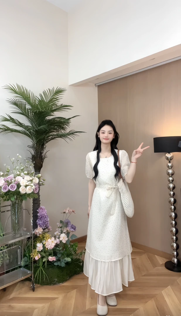 【KISS服饰】 温柔风～韩系绑带波点拼接假两件减龄连衣裙6691