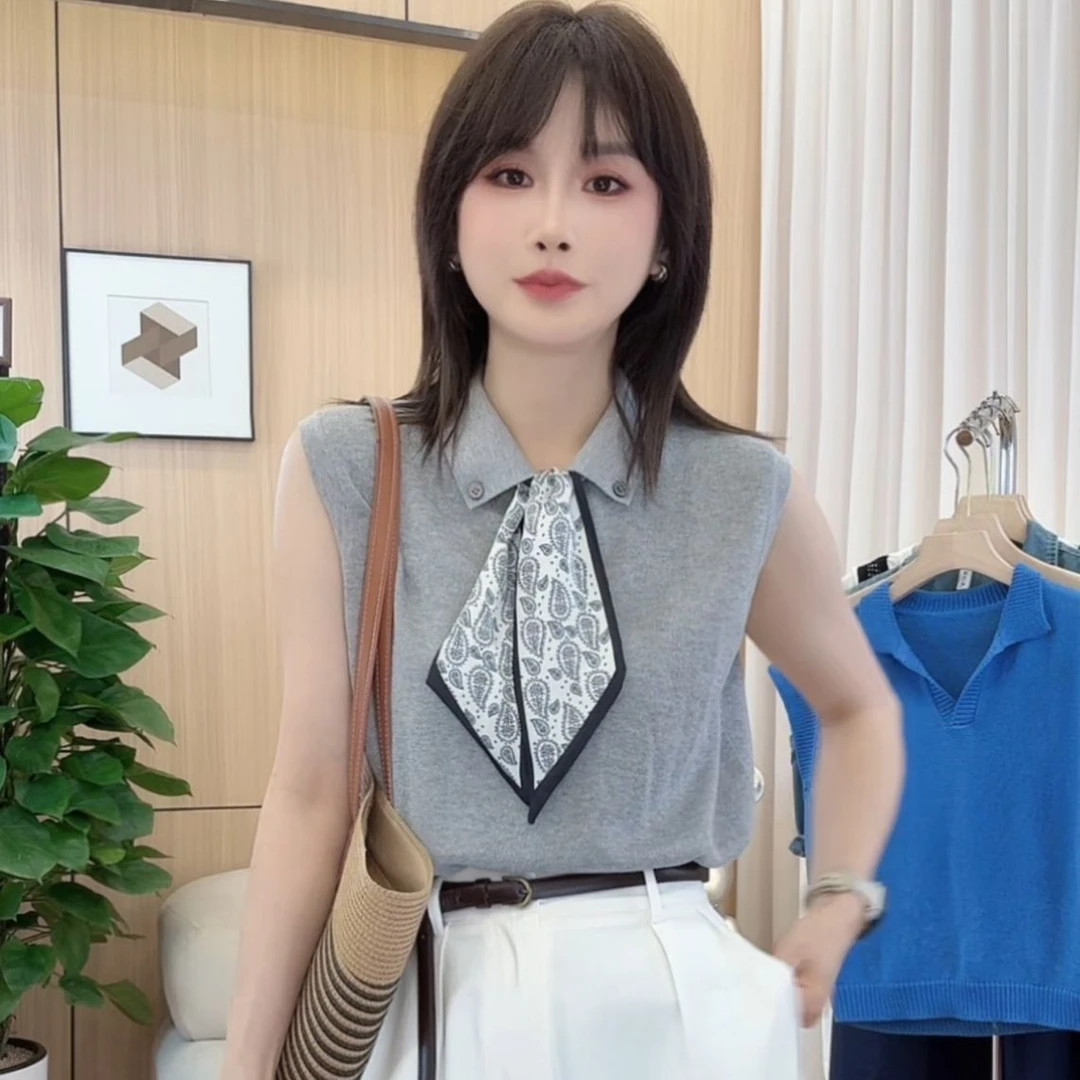 夏季洋气气质翻领无袖针织背心时尚丝巾别致上衣新款减龄针织衫