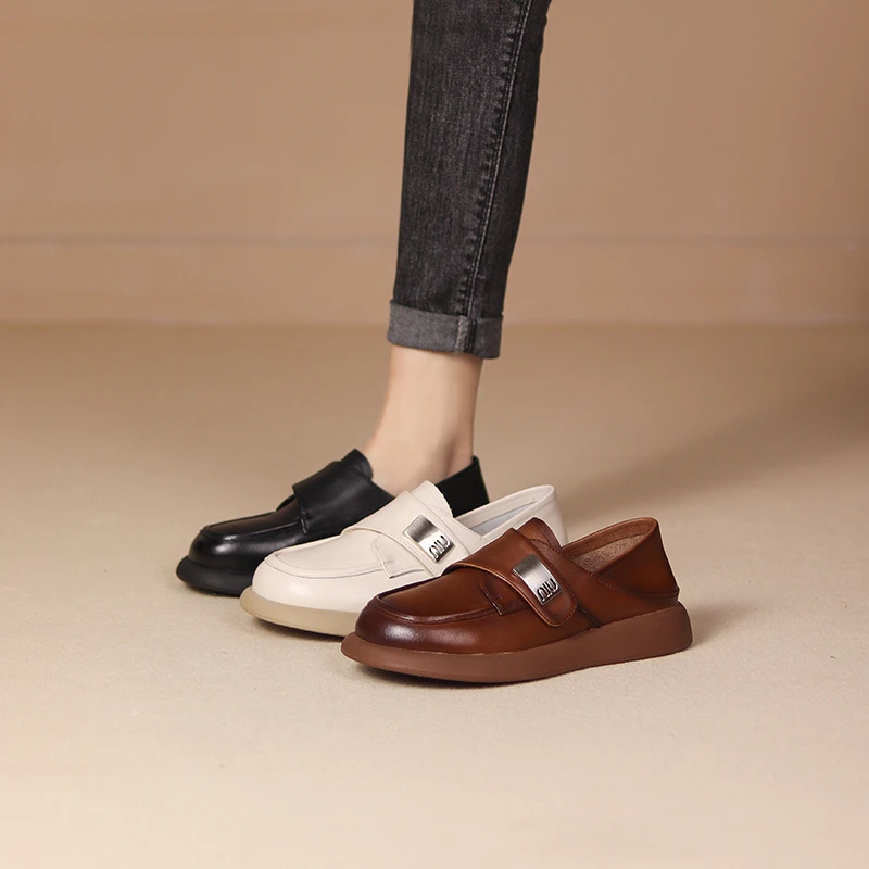 听纯9765新款真皮手工春秋百搭软底厚底软面一脚蹬豆豆鞋皮鞋女