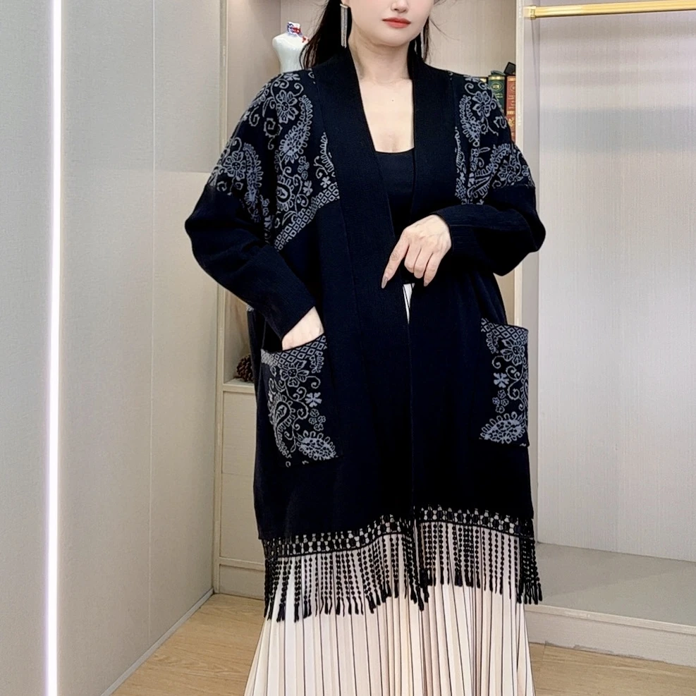 【  562 】秋冬女装针织衫外套宽松大码中年妈妈装针织流苏开衫