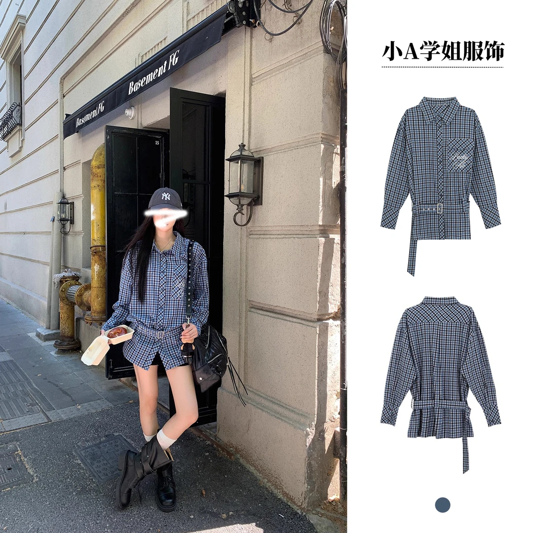 马德里假日 2025新款中长款时尚宽松格子韩版衬衫外套衬衫女