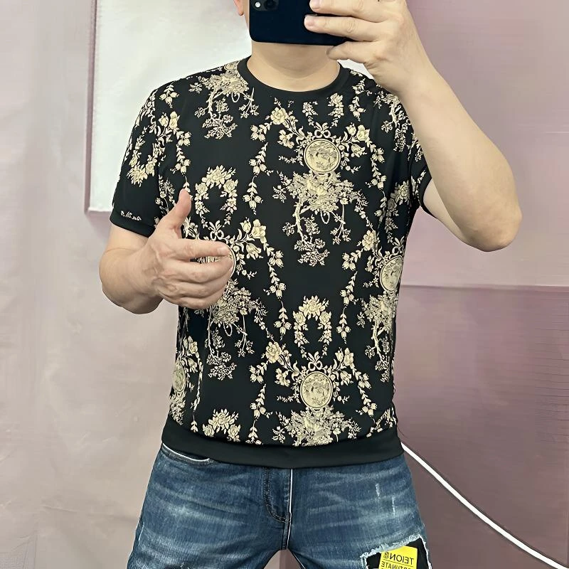 25年欧洲站时尚男装短袖提花轻奢冰爽T恤 8126