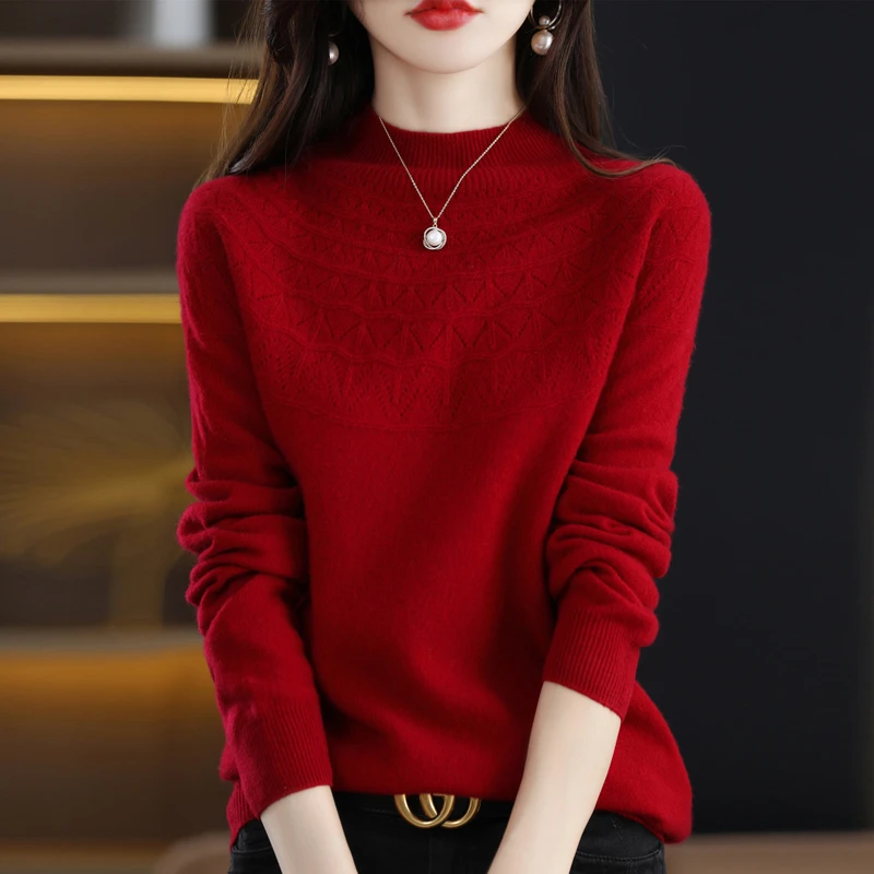 【衣服暖身#红色暖心】秋冬新款一线成衣无缝镂空半高领长袖针织衫